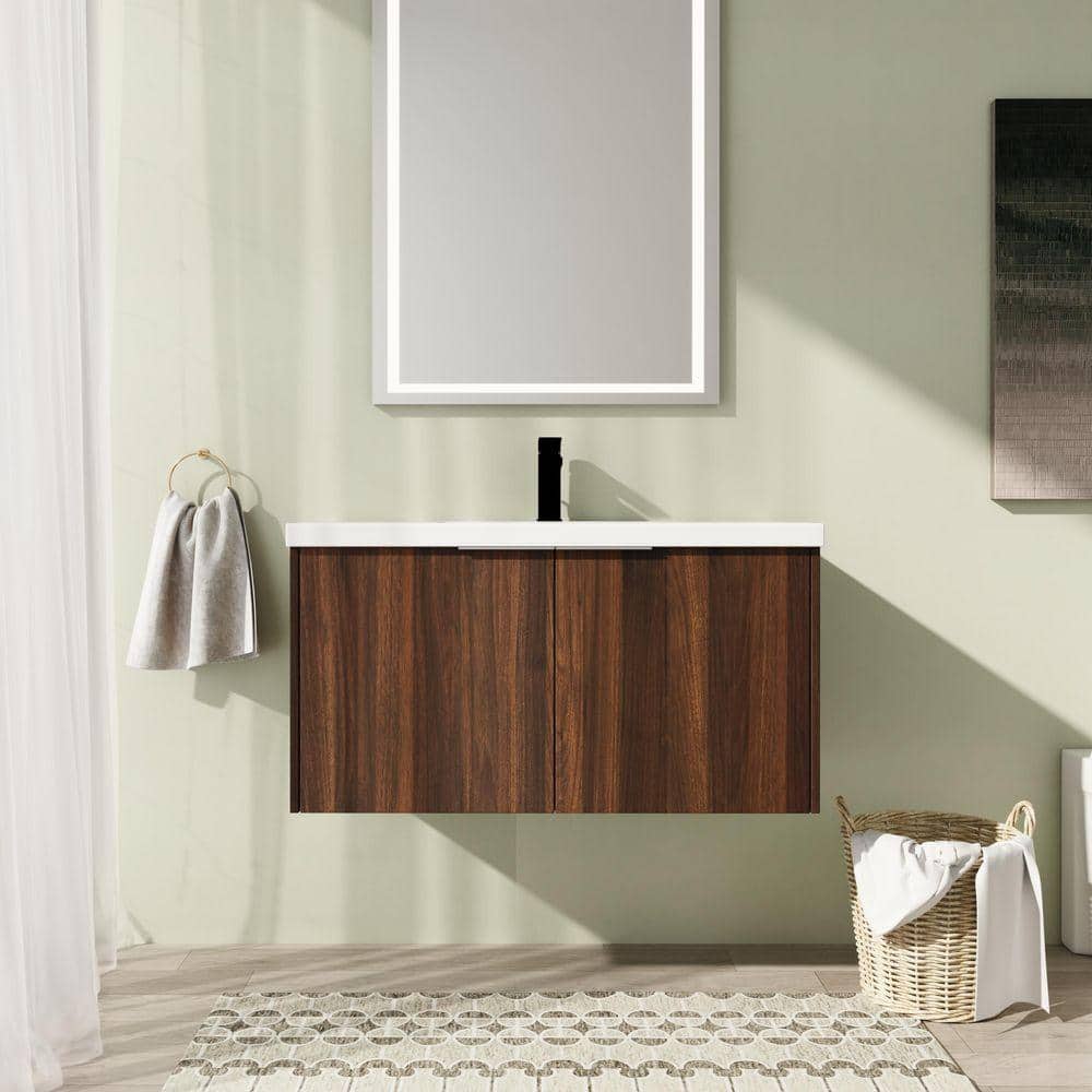 36 in. Wall-Mounted Single Brown Bath Vanity with White Resin Vanity Top Unassembled price history on PriceWatchPro