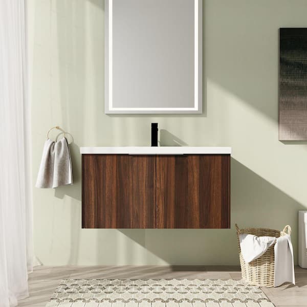 Malwee 36 in. Wall-Mounted Single Brown Bath Vanity with White Resin Vanity Top Unassembled
