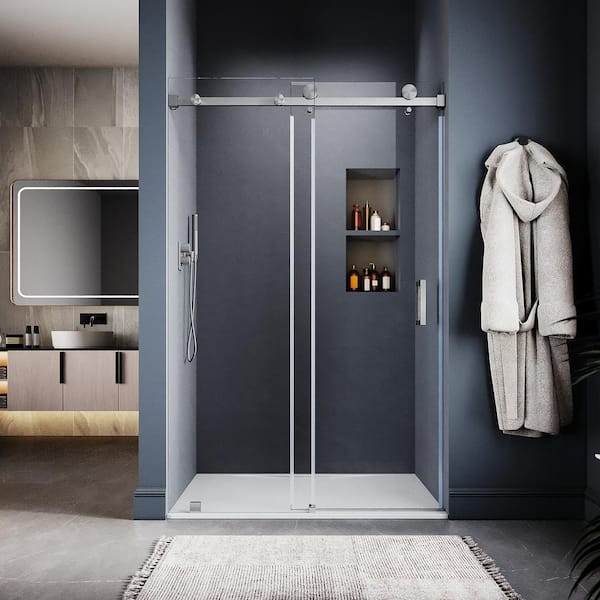 UNIKOO UKS05 46 to 49 in. W x 76 in. H Sliding Frameless Shower Door in Brushed Nickel, EnduroShield 3/8 in. SGCC Clear Glass