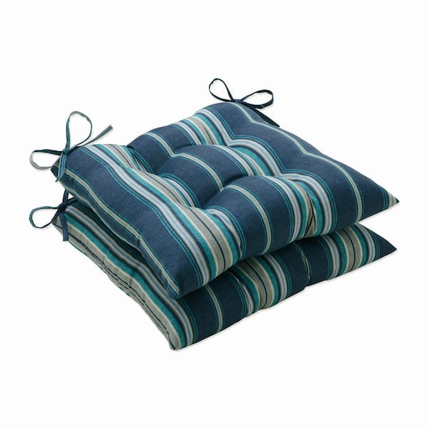 Pillow Perfect Striped 19 in. x 18.5 in. Outdoor Dining Chair Cushion in Blue/Grey/Off-White (Set of 2)