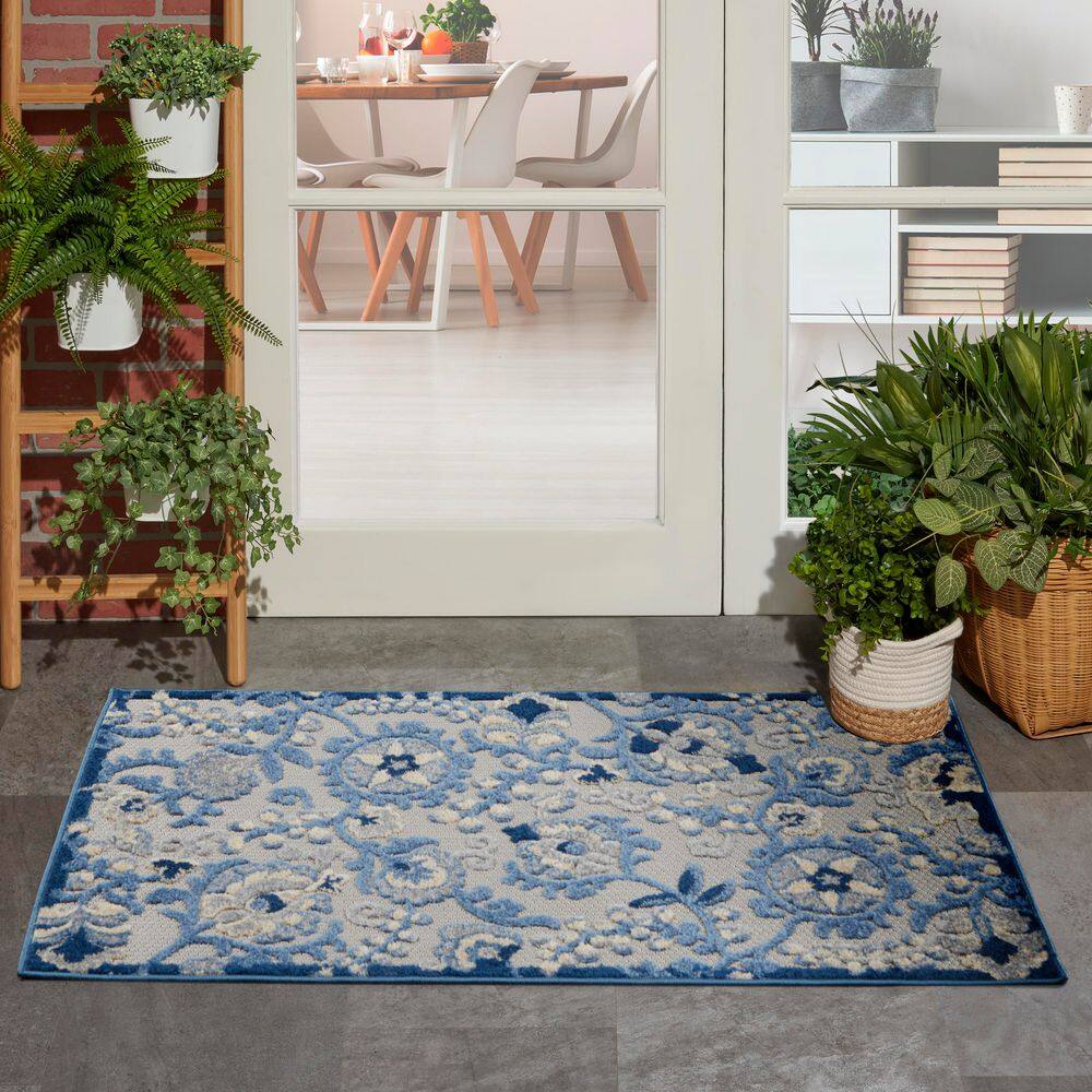 Blue and Grey Floral Synthetic Flat Woven Rug, 3' x 5'