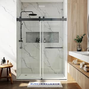 56 in. to 60.75 in. W x 79 in. H Double Sliding Frameless Soft Close Shower Door in Matte Black with 3/8 in. Clear Glass