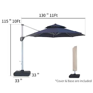 11 ft. Octagon Aluminum Cantilever Patio Umbrella 360 Rotation Outdoor Tilt Umbrella with Cover and Base in Navy Blue