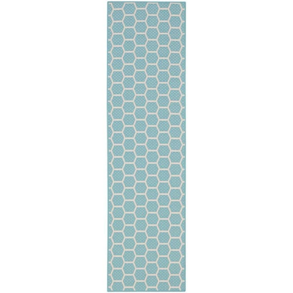 Nourison Reversible Indoor Outdoor Aqua 2 ft. x 8 ft. Honeycomb Contemporary Runner Area Rug