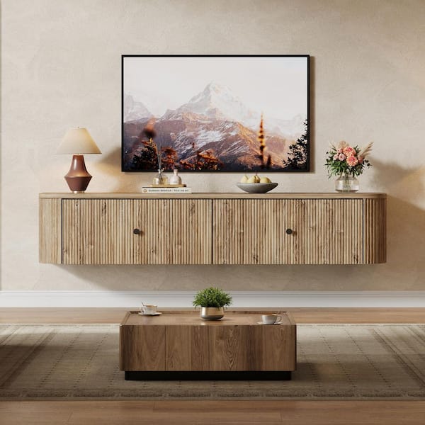 BYBLIGHT Ezlynn Light Brown 55 in. Wall Mounted TV Stand with 2