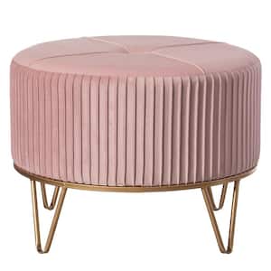 Large Round Velvet Ottoman Stool Raised with Hairpin Gold Base, Papasan Chair Pink