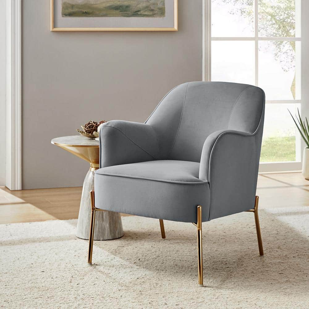 Elegant Gray Velvet Accent Chair with Golden Metal Legs