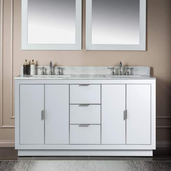 WOODBRIDGE Venice 61 in. W x 22 in. D x 38 in. H Bath Vanity in White with Fish Belly Engineered Stone Top with White Basin