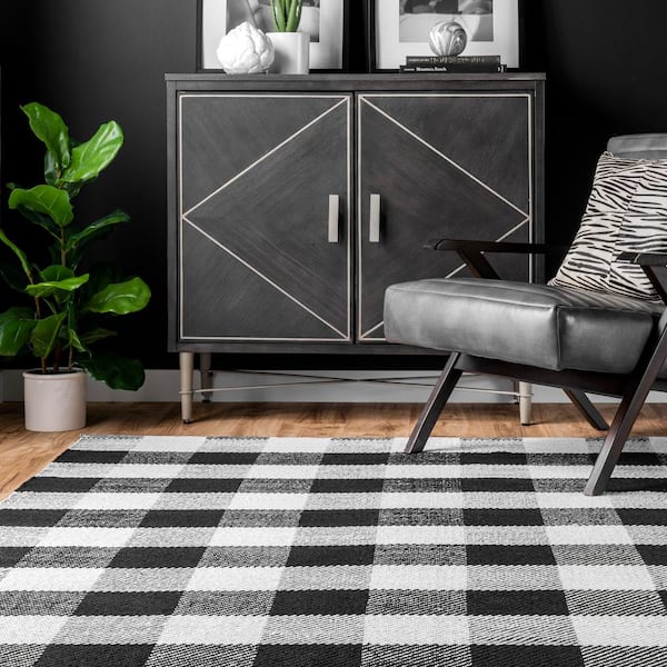 Cotton Buffalo Plaid Rug, 3x5 Black and White Check Outdoor Rug