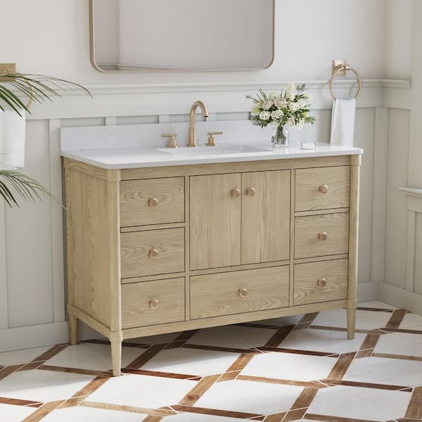 48 in. OAK Solid Wood Bath Vanity with Carrara White Quartz Top, Soft-Close Doors, Drawers, CUPC Certified, Assembled