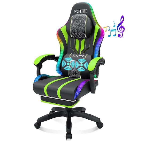 Faux Leather Massage Ergonomic Gaming Chair Big and Tall Game Chair in Green with Bluetooth Speakers LED Lights Footrest