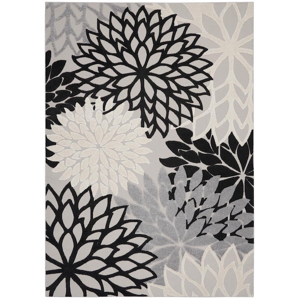 Nourison Aloha Black White 7 ft. x 10 ft. Floral Modern Indoor/Outdoor Patio Area Rug