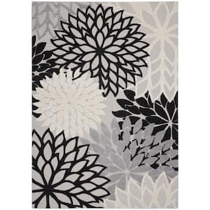 Aloha Contemporary Black White 9 ft. x 12 ft. Floral Indoor/Outdoor Patio Area Rug