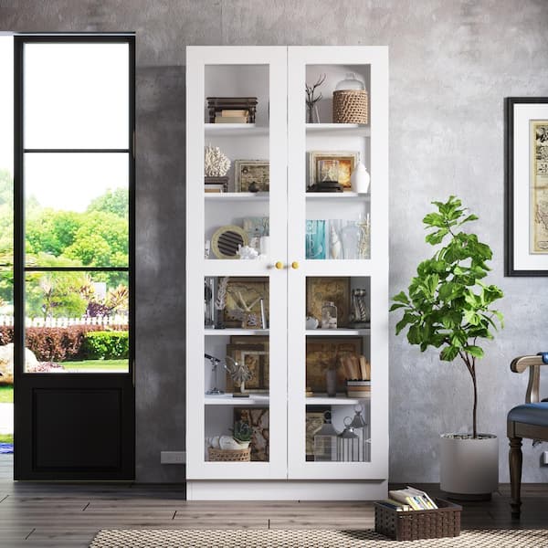 FUFU&GAGA 70.9 in. H White Wood 2-Glass Door Accent Storage