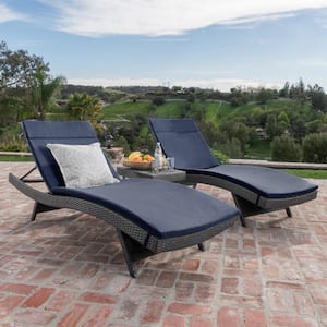 Miller Grey 3-Piece Faux Rattan Outdoor Chaise Lounge and Table Set with Navy Blue Cushions