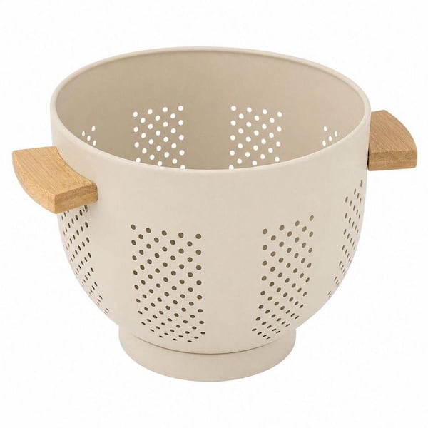 5.5 qt. Yellow Metal Colander with Wood Handle and Stable Base, Kitchen Strainer Basket for Draining Pasta, Vegetable