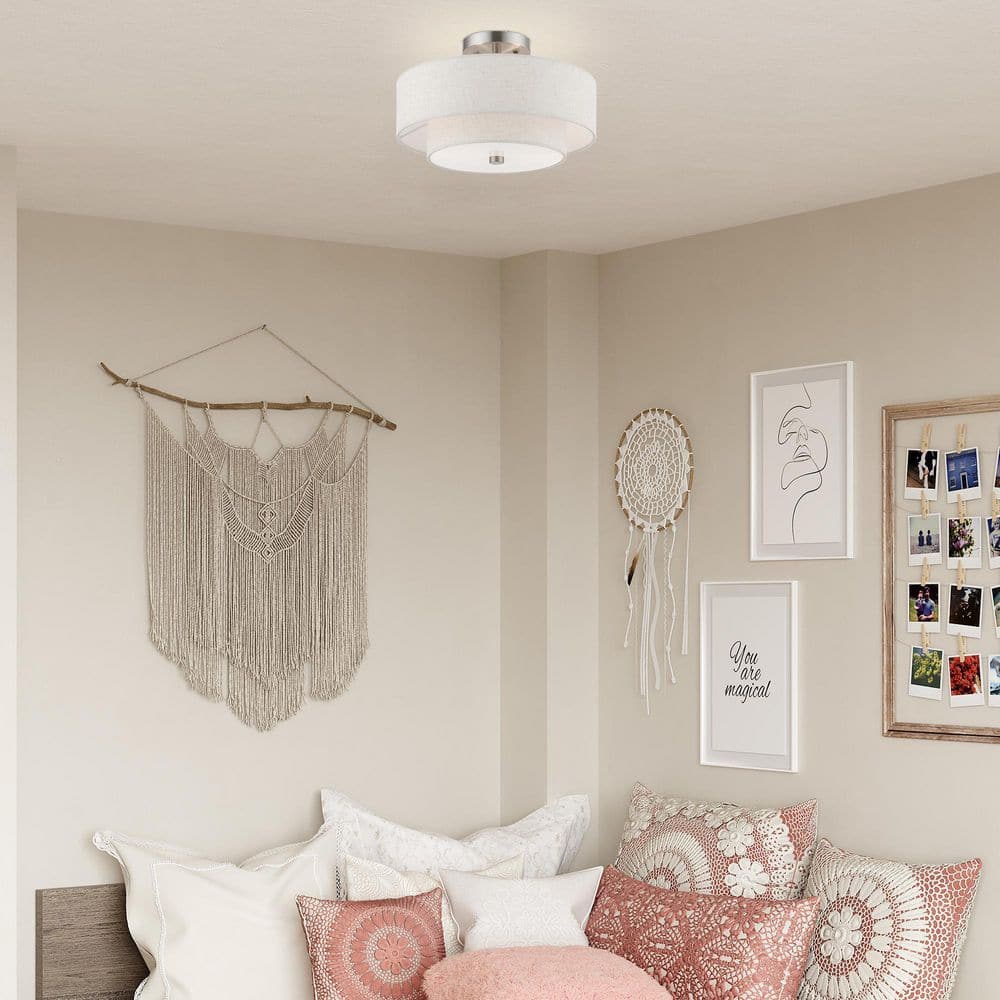 Brushed Nickel 2-Light Drum Semi-Flush Mount with Glass Shade