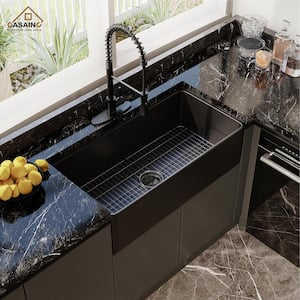 Black Fireclay 36 in. Single Bowl Farmhouse Apron Kitchen Sink with Two-function Sprinkler Kitchen Faucet