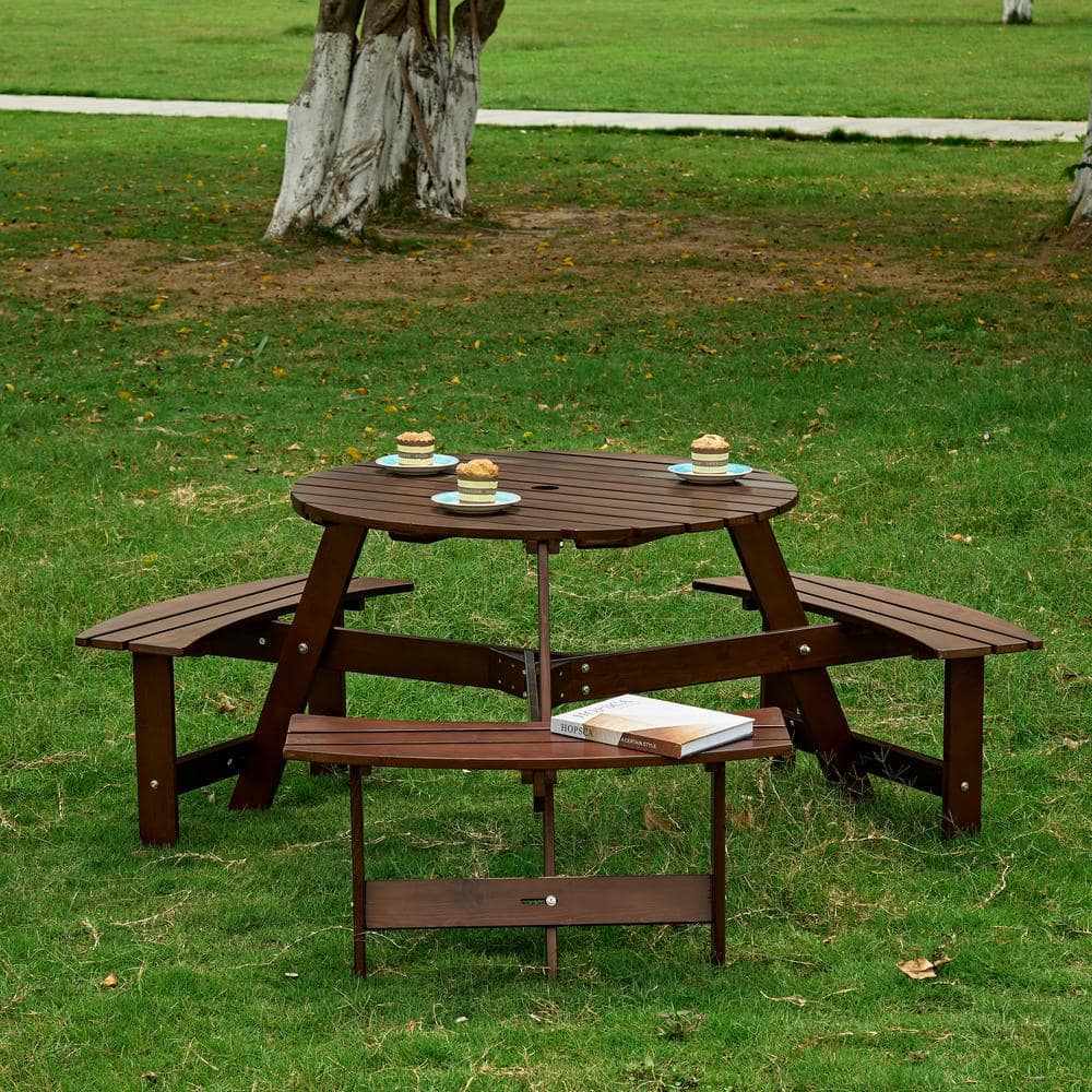 GOGEXX 63 in. W x 63 in. D x 27.5 in. H 6-Person Brown Picnic Tables Kit 3 Built-in Benches, with Umbrella Hole