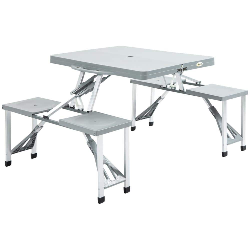 32 in. Grey Aluminum Folding Portable Picnic Table with 4 Seats and Umbrell