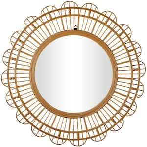 35 in. x 35 in. Handmade Woven Round Framed Brown Wall Mirror with Beaded Accents