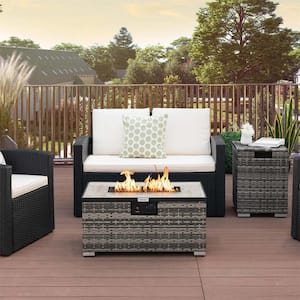 32 in. W x 20 in. H Rectangular Propane Rattan Fire Pit Table Set with Side Table in Gray