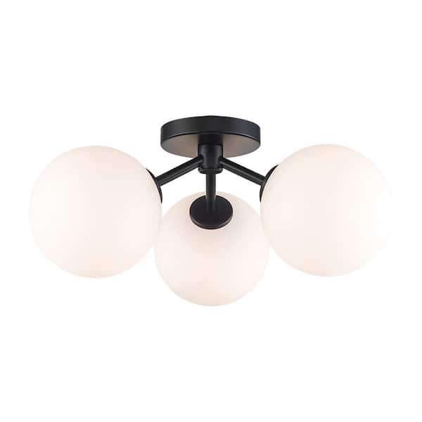 17.63 in. 3-Light Avaline Black Cluster Flush Mount with Glass Shades