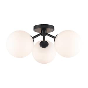 17.63 in. 3-Light Black Flush Mount Ceiling Light with Frosted Glass Globe Shades