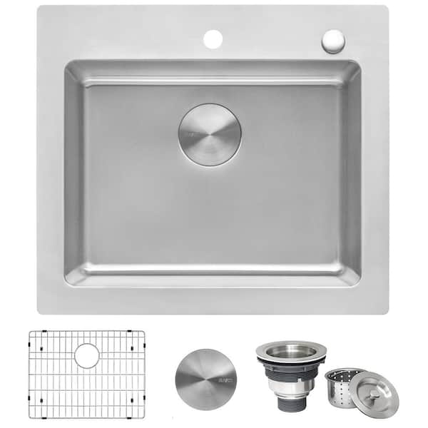 Modena 25 in. Drop-in Topmount SIngle Bowl 16-Gauge Stainless Steel Kitchen Sink with Rounded Corners and 2-holes