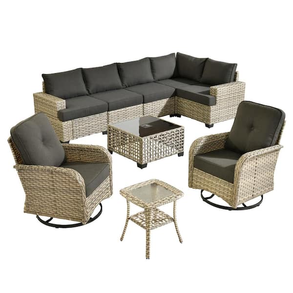 Merritt 9-Piece Wicker Outdoor Furniture Patio Conversation Sofa Sectional Set with Swivel Chairs and Black Cushions