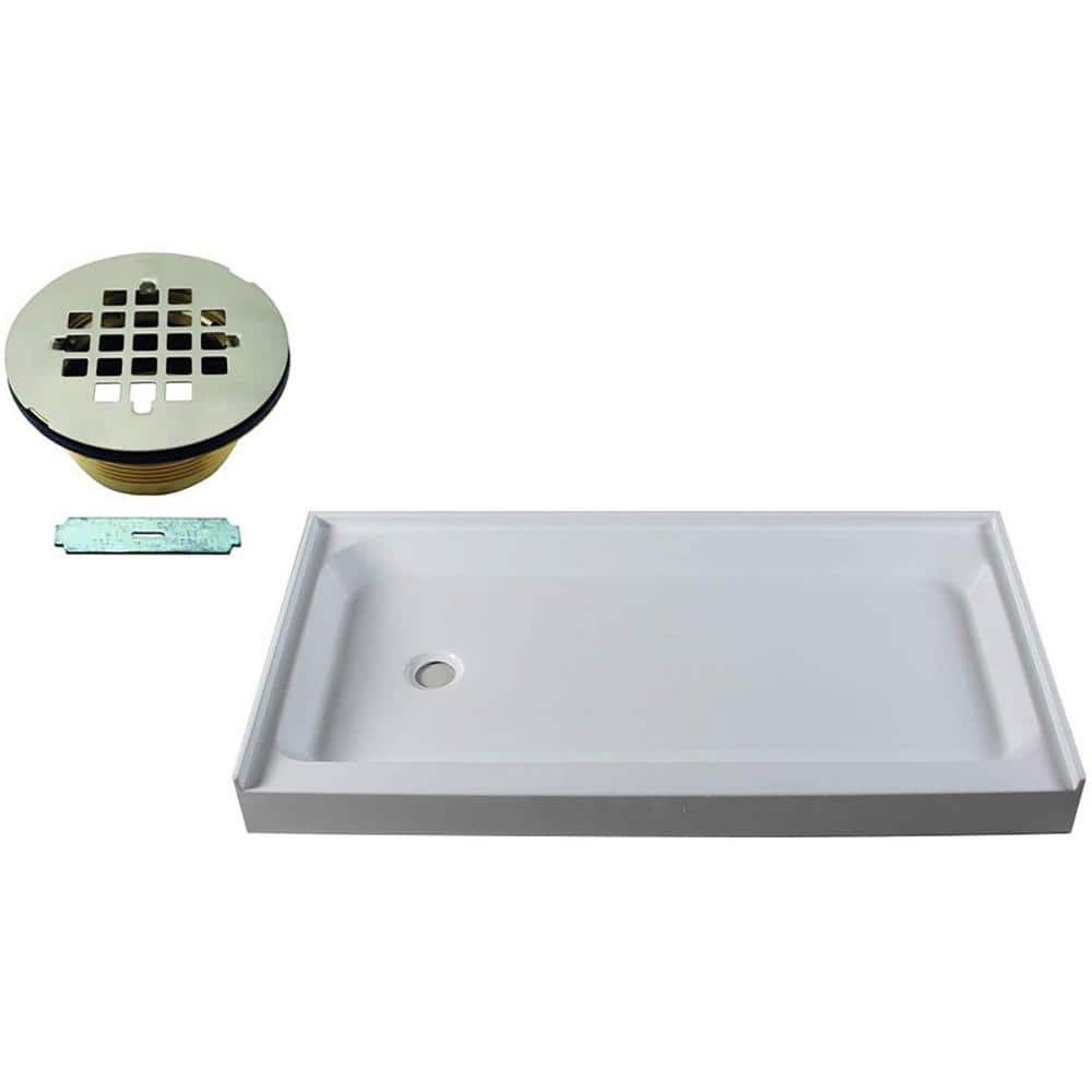 60'' White Acrylic Rectangular Shower Base with Polished Chrome Drain