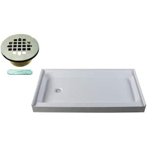 60 in. x 34 in. Single Threshold Alcove Shower Pan Base with Left Hand Brass Drain in Satin Nickel