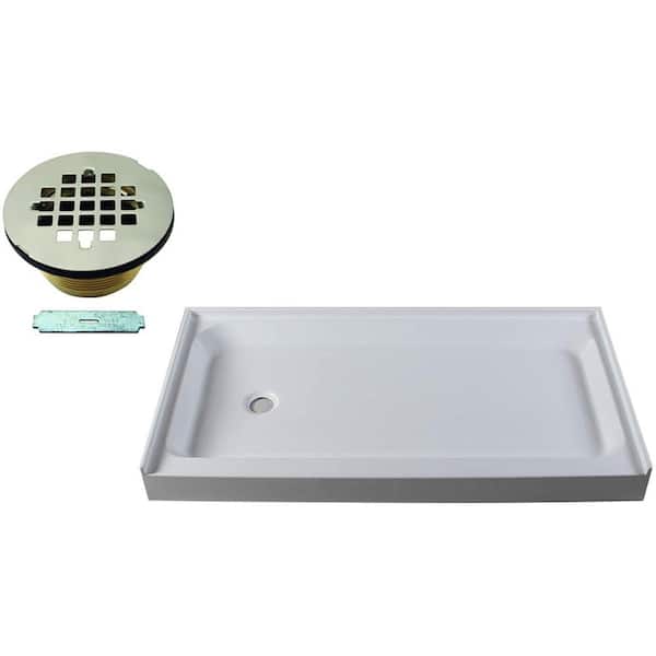Westbrass 60 in. x 34 in. Single Threshold Alcove Shower Pan Base with Left Hand Plastic Drain in Satin Nickel