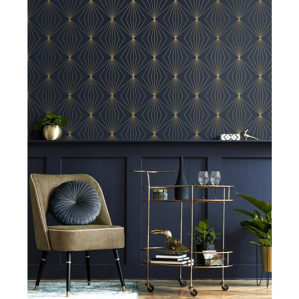 Dark Blue and Metallic Gold Geometric Peel and Stick Wallpaper