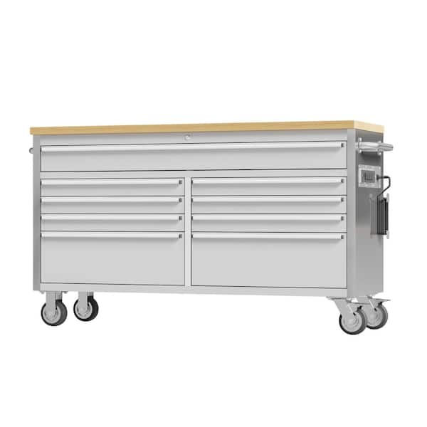61 in. Stainless Steel Mobile Workbench Cabinet with Wheels, 9-Drawer, Rubber Wood Top, Lock Key for Workshop Storage