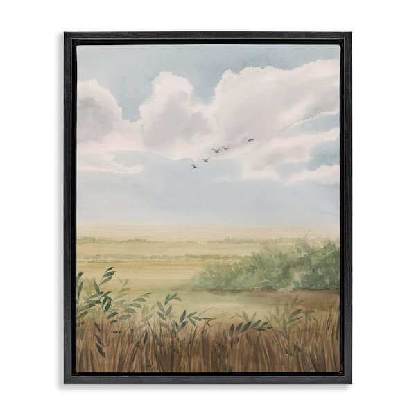 Stupell Industries Birds Flying over Countryside by Grace Popp Black Floater Frame Nature Graphic Art Print 31 in. x 25 in.