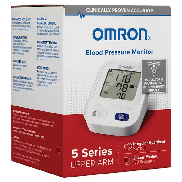 PricePlaza - The OMRON 5 Series Upper Arm home blood pressure monitor is  designed for accuracy and stores 120 blood pressure readings for two users  (60 per user), and includes a wide-range