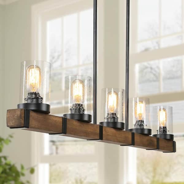 Linear Wood Chandelier, Brown Rectangular 5-Light Island Pendant Light Black Farmhouse Chandelier with Seedy Glass Shade