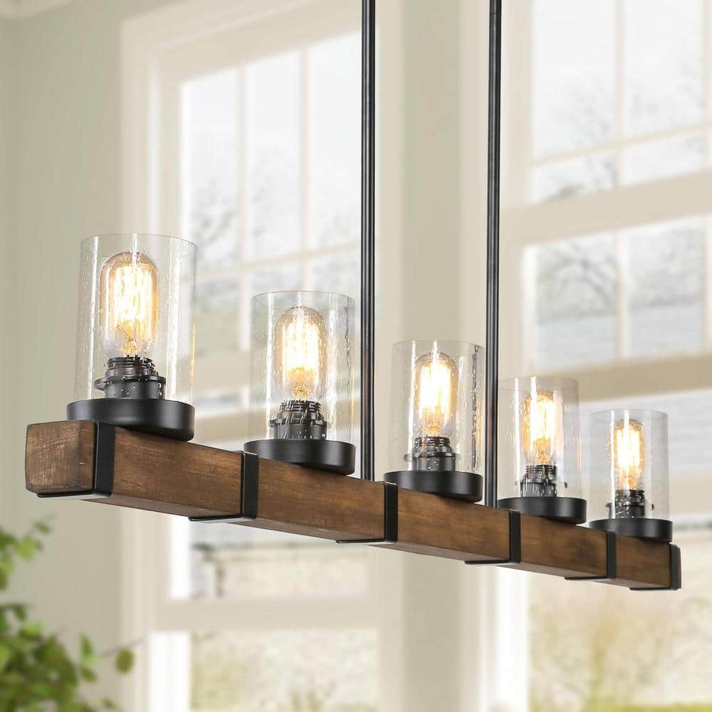 LNC Linear Wood Chandelier, Brown Rectangular 5-Light Island