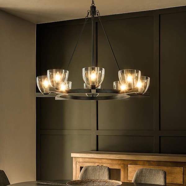 ALOA DECOR 8-Light 35'' Wide Modern Matt Black Chandelier Farmhouse Blown Glass Pendant For Living Room Dining Room