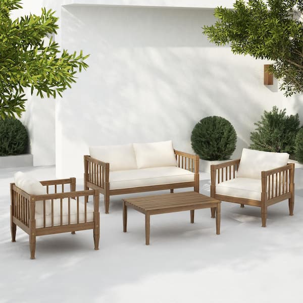 Sierra 4-Piece Outdoor Solid Wood Patio Conversation Set with Beige Water-Resistant Cushions, Coffee Table, Light Gray