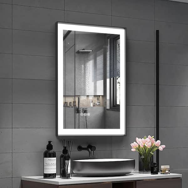 24 in.W x 36 in.H Rectangular Black Aluminum Framed Anti Fog LED Lighted Modern Wall Bathroom Vanity Mirror in Tempered