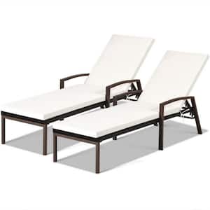 2-Piece Wicker Outdoor Adjustable Back Patio Chaise Lounge Chair with White Removable Cushions and Armrest