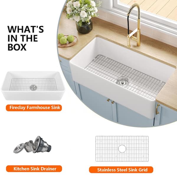 Grove White Fireclay 36 in. L x 18 in. W Rectangular Single Bowl Farmhouse Apron Kitchen Sink with Grid and Strainer