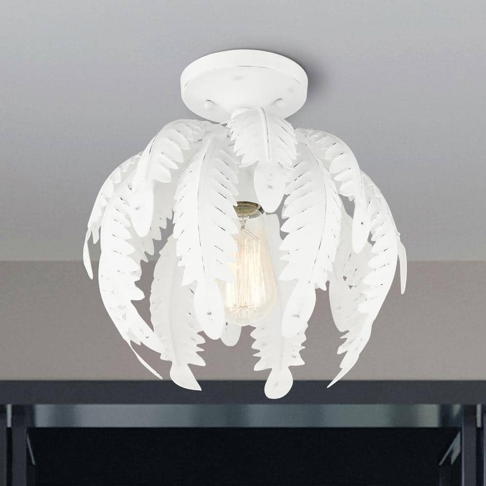 Antique White Metal Acanthus Leaf LED Semi-Flush Bowl Light