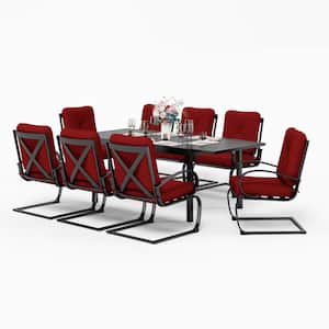 9-Piece Metal Patio Outdoor Dining Set with Rectangle Extensible Table and C-Spring Chair with Red Cushions