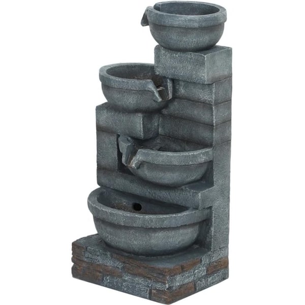 Outdoor Waterfall Floor Fountain with LED Lights, 4-Tier Resin Cascading Water Bowls with Pump