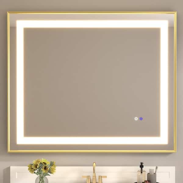 WOODSAM 48 in. W x 40 in. H Rectangular Aluminum Framed Anti-Fog LED Lighted Wall Bathroom Vanity Mirror in Brushed Gold