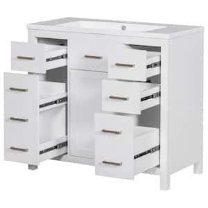 36.7 in. W x 19.1 in. D x 36.8 in. H Freestanding Bath Vanity in White with White Resin Top, 5 Drawers and 1 Door