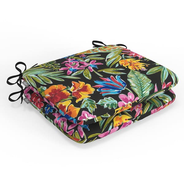 Pillow Perfect Tropic Floral 18.5 in W x 3 in H Square Outdoor Chair Seat Pad with Ties 2-Count in Island Black
